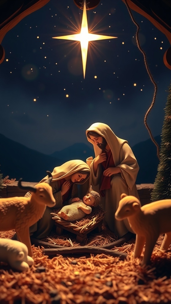 Christmas Quotes Reflecting on Jesus in the Manger Nativity scene with Mary, Joseph, and baby Jesus in a manger under a starry sky.